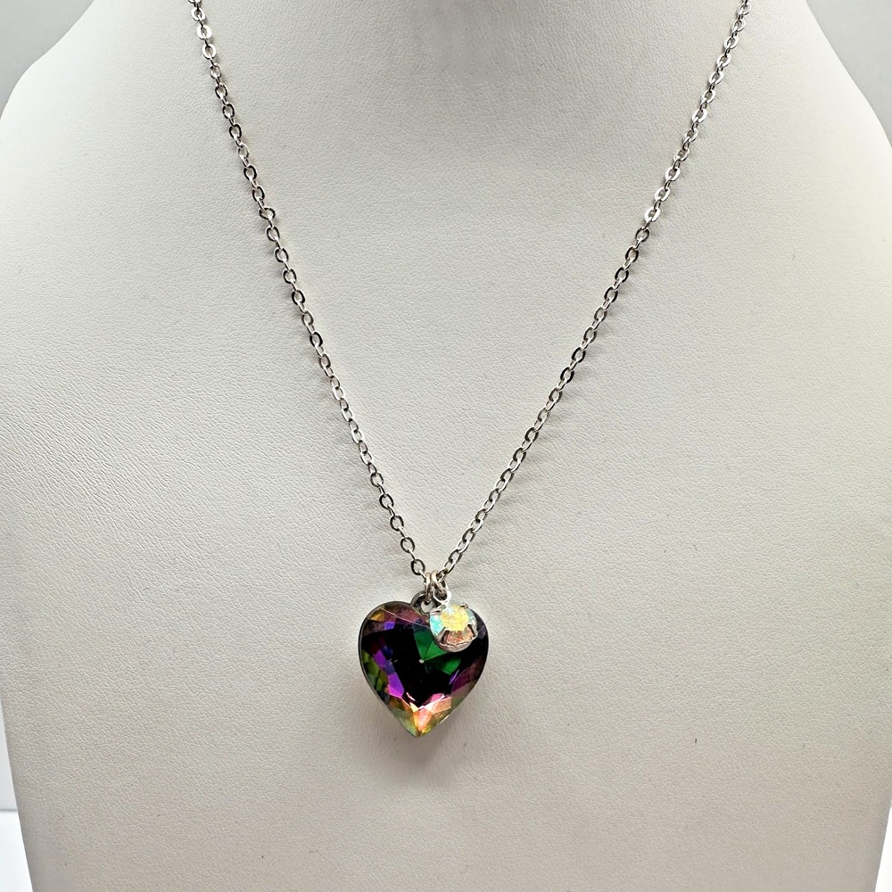 Vintage 90s Iridescent Rainbow Heart Pendant Necklace Silver Tone Boho Jewelry